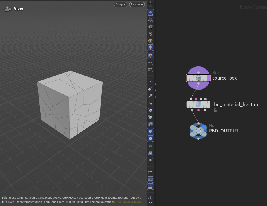Verified Houdini RBD network with fractured geometry and source_box connected through rbd_material_fracture to RBD_OUTPUT